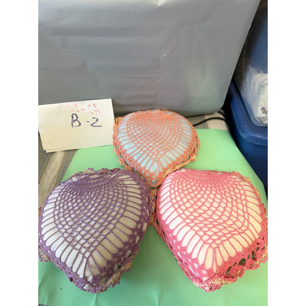 Vintage Heart Crochet Lace Decorative Pillows Set of 3 Pink Purple Peach 8x8